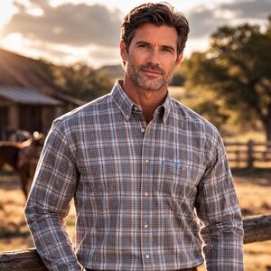 Wrangler Performance Button Down Shirt Size Large Blue Brown Plaid Work Durable